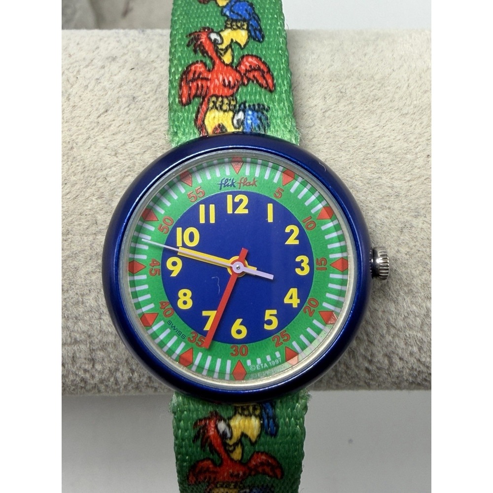 Flik Flak Parrot New Battery Kids Watch 29MM 6.75" Nylon Band Swiss Made 1997